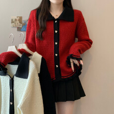 批发实拍大码女装胖MM秋季翻领木耳边小香风<b class='q'>毛衣</b>宽松显瘦百搭针织上衣