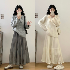 批发实拍大码<b class='q'>女装</b>法式蝴蝶结重工亮片毛衣压褶A字大摆长裙显瘦两件套