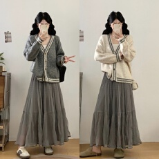 批发实拍大码<b class='q'>女装</b>胖MM气质小香风开衫毛衣压褶A字大摆长裙显瘦两件套