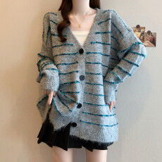 批发实拍大码女装秋冬复古彩带条纹开衫毛衣设计感宽松<b class='q'>针织</b>慵懒风外套