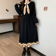 批发实拍大码女装<b class='q'>秋</b>冬复古文艺时尚可拆印花领巾设计感百搭针织连衣裙