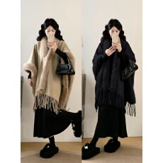 批发实拍大码女装秋冬慵懒风流苏披肩斗篷名媛高级感厚外套连衣裙套装