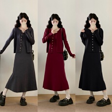 批发实拍大码女装秋冬法式小香风开衫外套背心连衣裙高级感显瘦两件套