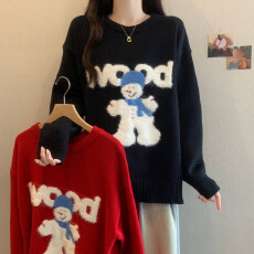 批发实拍大码女装秋冬圣诞<b class='q'>韩版</b>设计重工提花雪人毛衣软糯圆领<b class='q'>外套</b>上衣