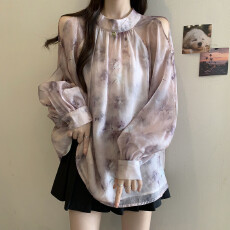 批发实拍大码女装春季露肩立领后背蝴蝶结心机泡泡袖<b class='q'>碎花</b>雪纺<b class='q'>衬衫</b>上衣