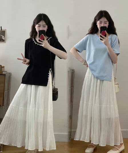 실사 빅 사이즈 여성 의류 지방 mm 봄 여름 트임 비즈 박기 반팔 티셔츠 한 마디 플리츠 큰 진자 롱 스커트 슬림해 보이는 투피스 세트