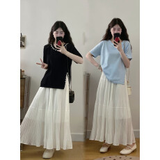 批发实拍大码女装胖mm春夏开衩钉珠短袖t恤A字压褶大摆长裙显瘦两件套