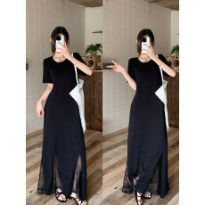 批发实拍大码女装春夏蕾丝拼接鱼尾连衣裙胖MM气质遮肉显瘦t恤长裙