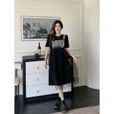 批发实拍大码女装胖MM春夏网纱拼接收腰显瘦遮肉洋气减龄假两件连衣裙