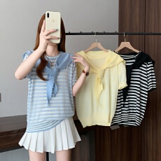 批发实拍大码女装春夏新款胖mm韩系披肩针织短袖上衣时尚百搭条纹<b class='q'>T</b><b class='q'>恤</b>