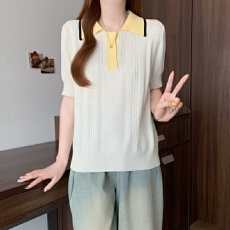 批发实拍大码女装胖MM翻领麻花独特气质上衣小众短袖Polo领针织衫