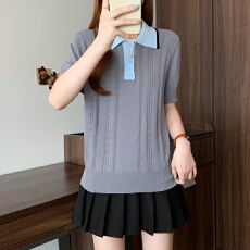 批发实拍大码女装胖MM翻领麻花独特气质上衣小众短袖灰色Polo领针织衫