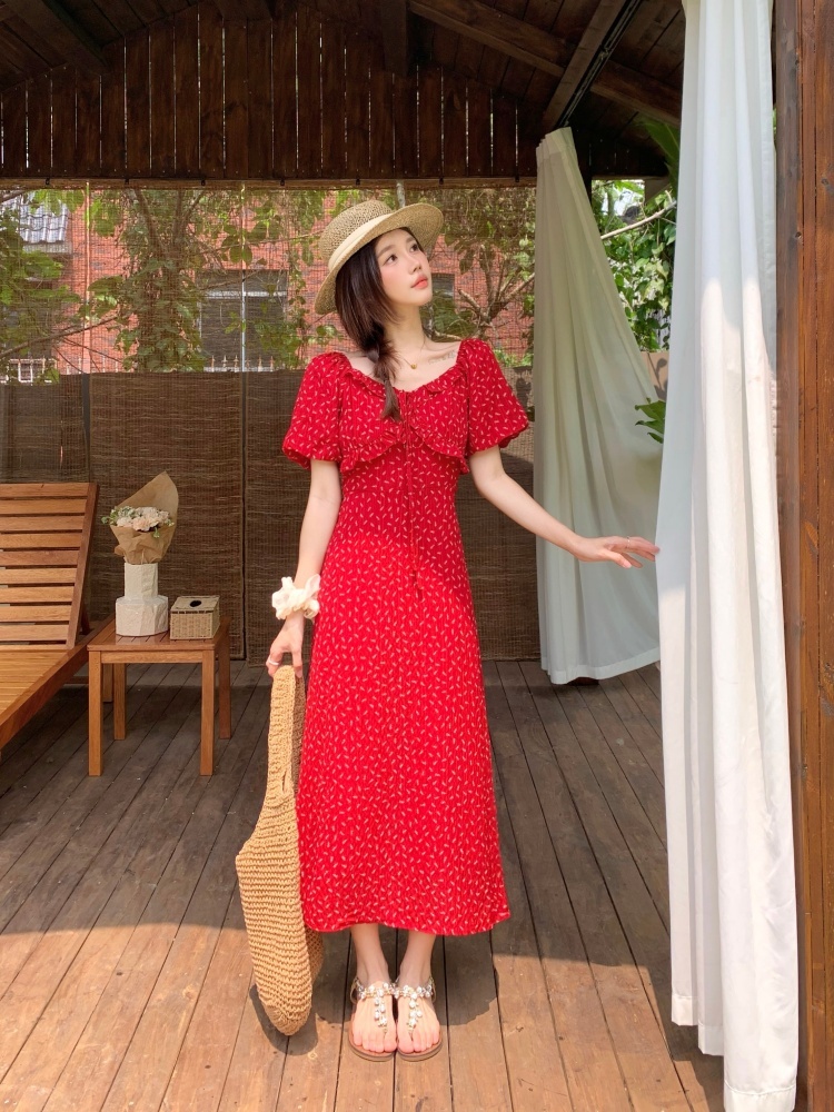실사 빅 사이즈 여성 의류 여름 마이크로 지방 mm 슬림해 보이는 프랑스식 레트로 차 휴식 치마 품격 여신 팬 꽃무늬 드레스