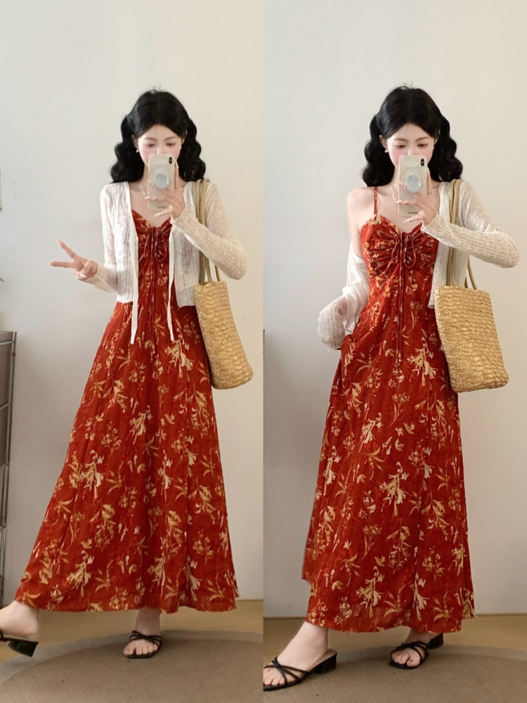 실사 빅 사이즈 여성 의류 여름 빨간색 꽃무늬 슬립 드레스 지방 mm 해변가 휴가 롱 스커트 슬림해 보이는 투피스 세트