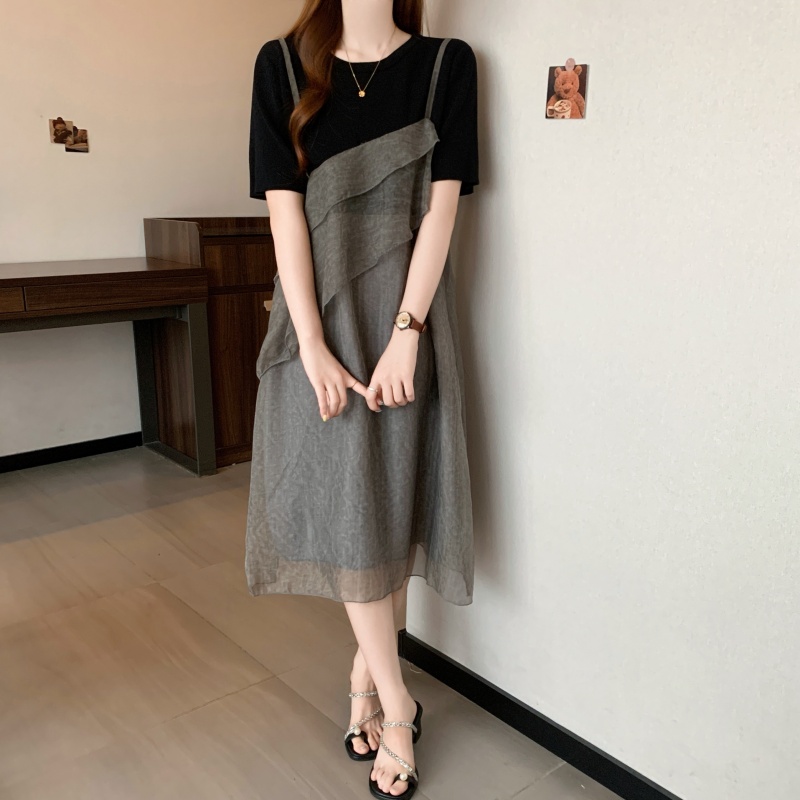 실사 빅 사이즈 여성 의류 지방 mm 패션 패치워크 페이크 레이어드 드레스 루즈핏 디자인 센스 슬림해 보이는 표지 배 치마