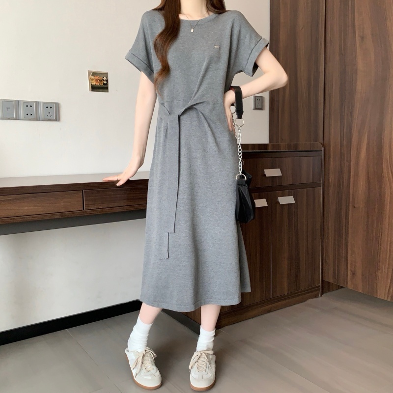 실사 빅 사이즈 여성 의류 여름 프랑스식 주름 허리 수축 티셔츠 드레스 지방 mm 단색 몸매 가꾸기 슬림해 보이는 한 마디 롱 스커트