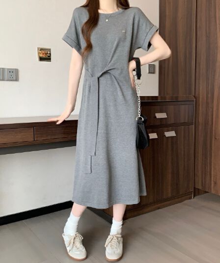 실사 빅 사이즈 여성 의류 여름 프랑스식 주름 허리 수축 티셔츠 드레스 지방 mm 단색 몸매 가꾸기 슬림해 보이는 한 마디 롱 스커트