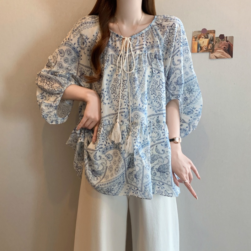 실사 빅 사이즈 여성 의류 여름 파란색 웨이브 서쪽 바람 반팔 셔츠 지방 mm 루즈핏 슬림해 보이는 주름 프린트 맨위