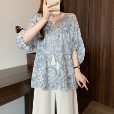 批发大码女装夏季蓝色波西风短袖衬衫胖MM宽松遮肚显瘦抽皱印花上衣
