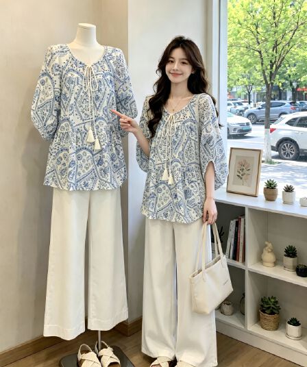 빅 사이즈 여성 의류 여름 파란색 웨이브 서쪽 바람 반팔 셔츠 지방 mm 루즈핏 표지 배 슬림해 보이는 주름 프린트 맨위