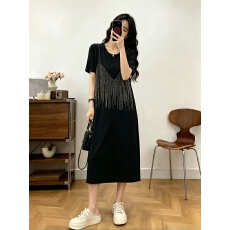 批发大码女装夏季高级感烫钻宽松显瘦连衣裙胖MM时尚设计感t恤裙