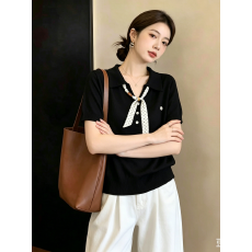 批发<b class='q'>大码</b><b class='q'>女装</b>夏季新款设计感丝巾装饰V领短袖<b class='q'>上衣</b>休闲百搭针织<b class='q'>上衣</b>