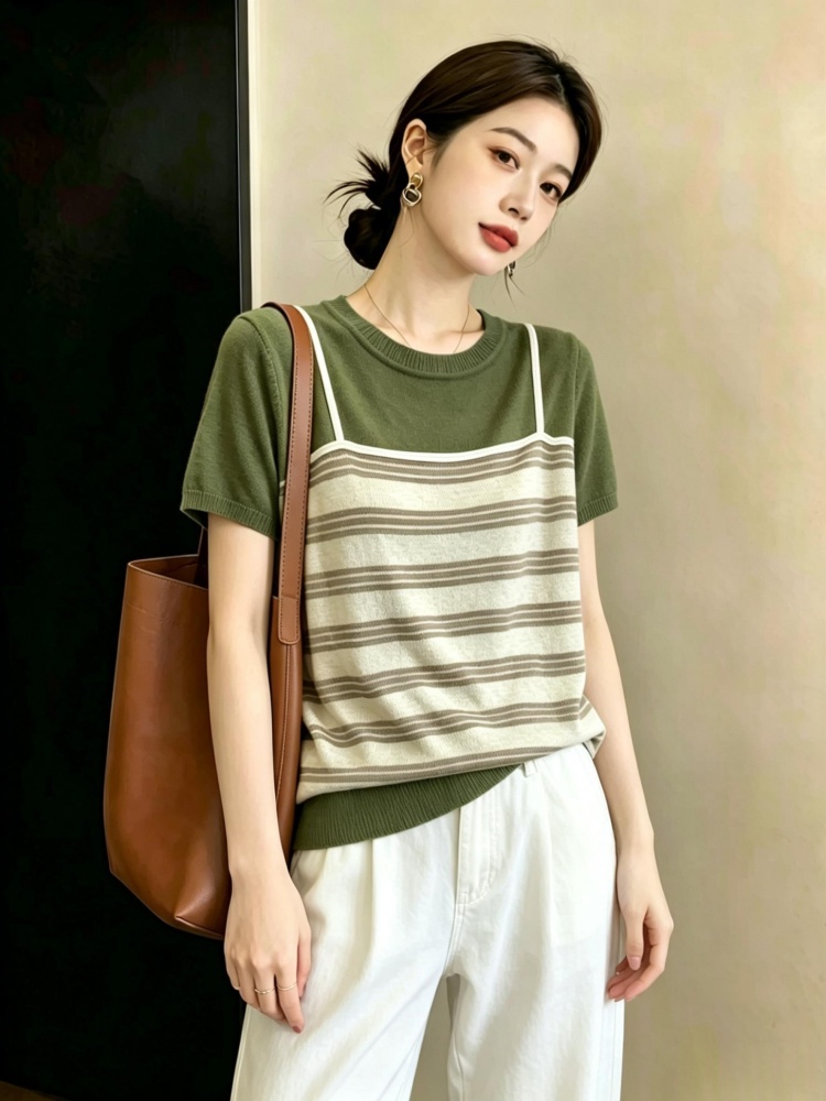 BY26389# 大码女装夏季胖MM显瘦假两件冰丝针织衫时尚减龄百搭短袖t恤上衣 服裝批發女裝批發服飾貨源