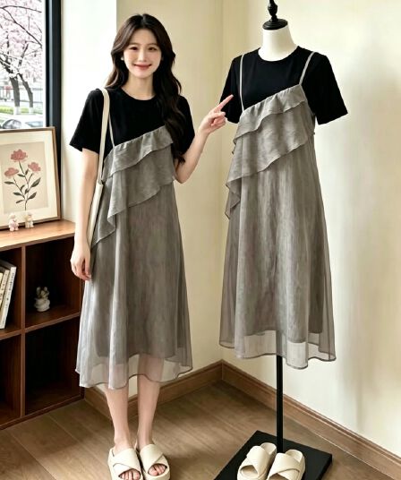 실사 빅 사이즈 여성 의류 지방 mm 패션 패치워크 페이크 레이어드 드레스 루즈핏 디자인 센스 슬림해 보이는 표지 배 치마