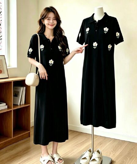 실사 빅 사이즈 여성 의류 지방 mm POLO 칼라 디자인 센스 자수 꽃 티셔츠 치마 연령 감소 슬림해 보이는 니트 드레스