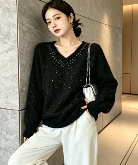 실사 빅 사이즈 여성 의류 지방 mm 패션 구슬 조각 V넥 스웨터 가을 겨울 고급 센스 슬림해 보이는 다용도 니트 맨위