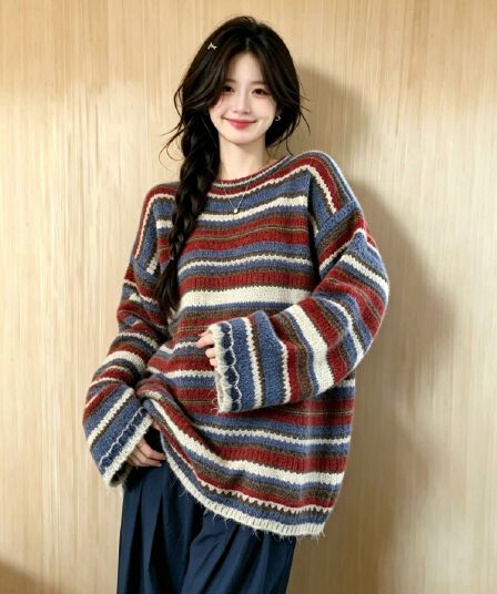 실사 빅 사이즈 여성 의류 가을 레트로 느긋한 바람 다용도 스트라이프 배색 니트 맨위 디자인 센스 라운드 넥 스웨터