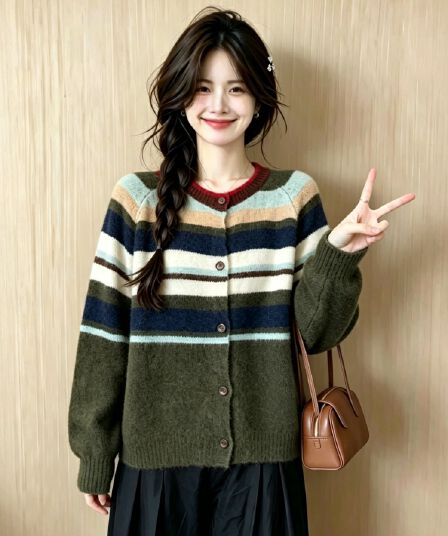 실사 빅 사이즈 여성 의류 가을 새로운 스트라이프 느긋한 오픈 가디건 스웨터 레트로 배색 품격 니트 스웨터 맨위