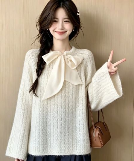실사 빅 사이즈 여성 의류 프랑스식 나비 매듭 무거운 작업 스팽글 전후 둘 착용 품격 부드러운 찹쌀 다용도 니트 스웨터 맨위