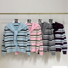 批发韩系复古色系撞色条纹休闲风毛衣<b class='q'>开衫</b>女气质百搭显瘦<b class='q'>圆领</b>外套上衣