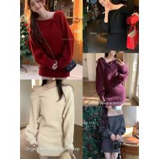 批发韩国东大门时尚新年红细闪氛围感气质<b class='q'>漏肩</b>毛衣百搭<b class='q'>连衣裙</b>