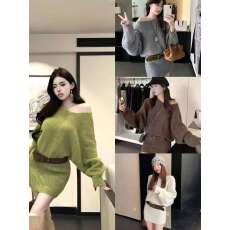 批发韩国<b class='q'>东大门</b>纯欲风可拉露肩针织<b class='q'>连衣裙</b>女秋冬宽松辣妹包臀裙送腰带