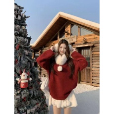 韩系甜美红色风软毛绒氛围慵懒圆领毛衣保暖毛领围脖针织衫