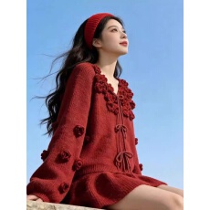 批发新年红色气质V领蝴蝶结毛衣短裙<b class='q'>女装</b>2026春季新款本命年漂亮<b class='q'>套装</b>