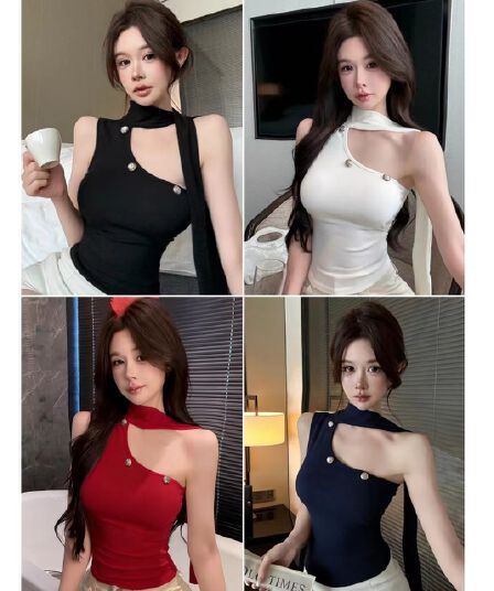 이른 가을 새로운 핫걸 디자인 작은 대중 행침 목 니트 오프숄더 조끼 몸매 가꾸기 고정 벨트 가슴 패드 슬림해 보이는