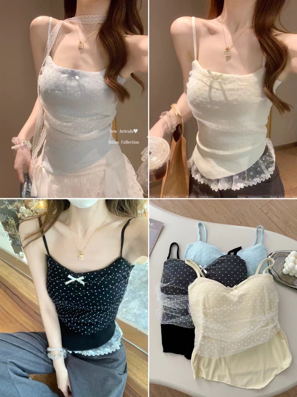 여름 새로운 달콤한 스타일 망사 도트 무늬 캐미솔 몸매 가꾸기 슬림해 보이는 여성 고정 벨트 가슴 패드 다용도