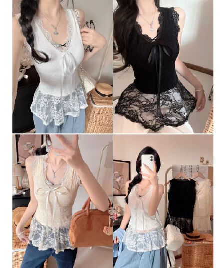 여름 새로운 순수한 욕망 바람 V넥 레이스 레이스 패치워크 조끼 몸매 가꾸기 슬림해 보이는 여성 고정 벨트 가슴 패드