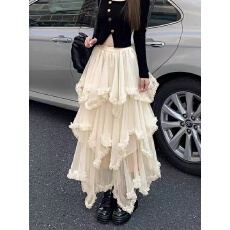 批发减龄<b class='q'>甜美</b>杏色A字网纱半身裙女夏季不规则漂亮花边垂感蛋糕长裙子