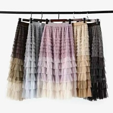 批发法式仙女气质多层次拼色网纱半身裙女秋季2026高腰A字层层蛋糕裙