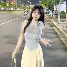 批发韩版圆领冰丝针织吊带背心女夏外穿设计感绑带蝴蝶结小众无袖上衣