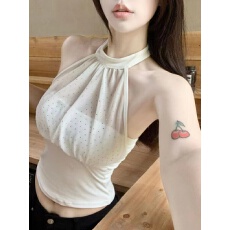 批发带胸垫 网纱烫钻性感挂脖蕾丝吊带背心女外穿修身<b class='q'>短款</b>抹胸