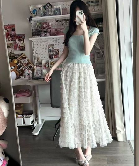 한 부서 그레이트 통해보기 가져 가라. 전체 집합 2026 새로운 파란색 맨위 여성 여름 레이스 케이크 드레스
