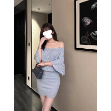 批发法式纯欲一字肩针织连衣裙女<b class='q'>秋</b>季高级感气质小个子收腰显瘦包臀裙