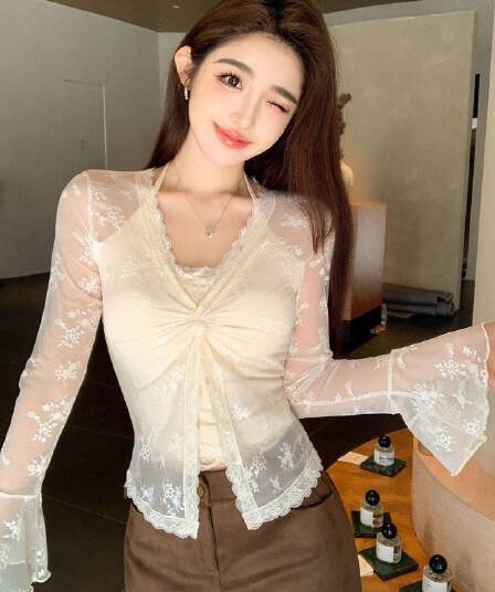 순수한 욕망 비틀림 패치워크 레이스 V넥 니트 오픈 가디건 여름 몸매 가꾸기 슬림해 보이는 패션 다용도 페이크 레이어드