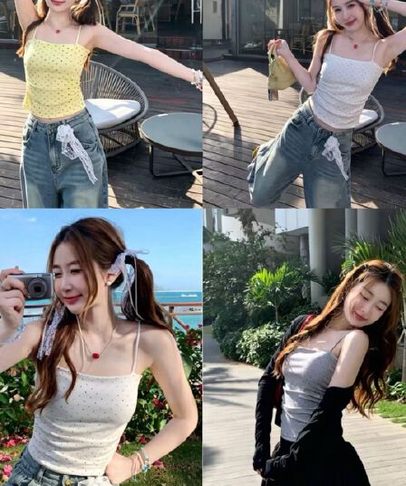 순수한 욕망 도트 무늬 핫걸 조끼 슬립 여성 백리스 외출용 인사이드 가져 가라. 벨트 가슴 패드 쇼트 스타일 맨위
