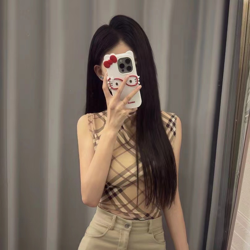 빠른 손 인터넷 유명인 같은 단락 레트로 신축성 체크무늬 망사 맨위 허리 수축 슬림해 보이는 민소매 조끼